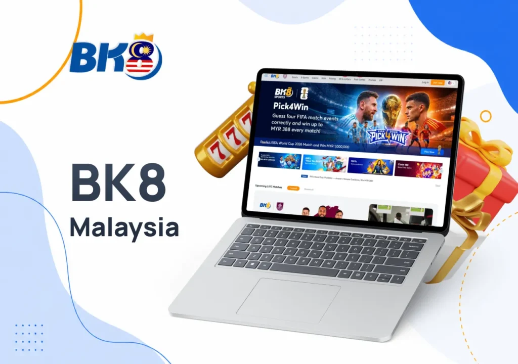 Laptop displaying the BK8 homepage with a slot machine and two gift boxes beside it.